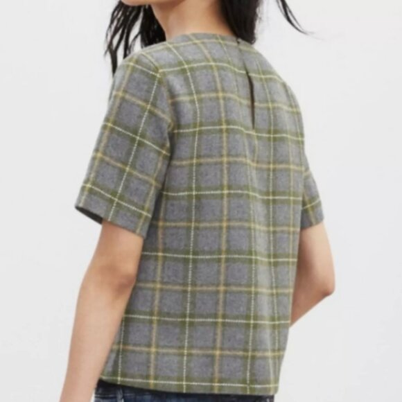 Banana Republic Wool Tweed Plaid Lace Trim Grey Green Short Sleeve Top - Picture 3 of 13